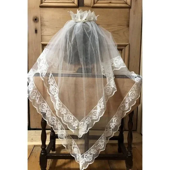 Womens Wedding Bridal Veil 2 Tiers Lace White Vintage